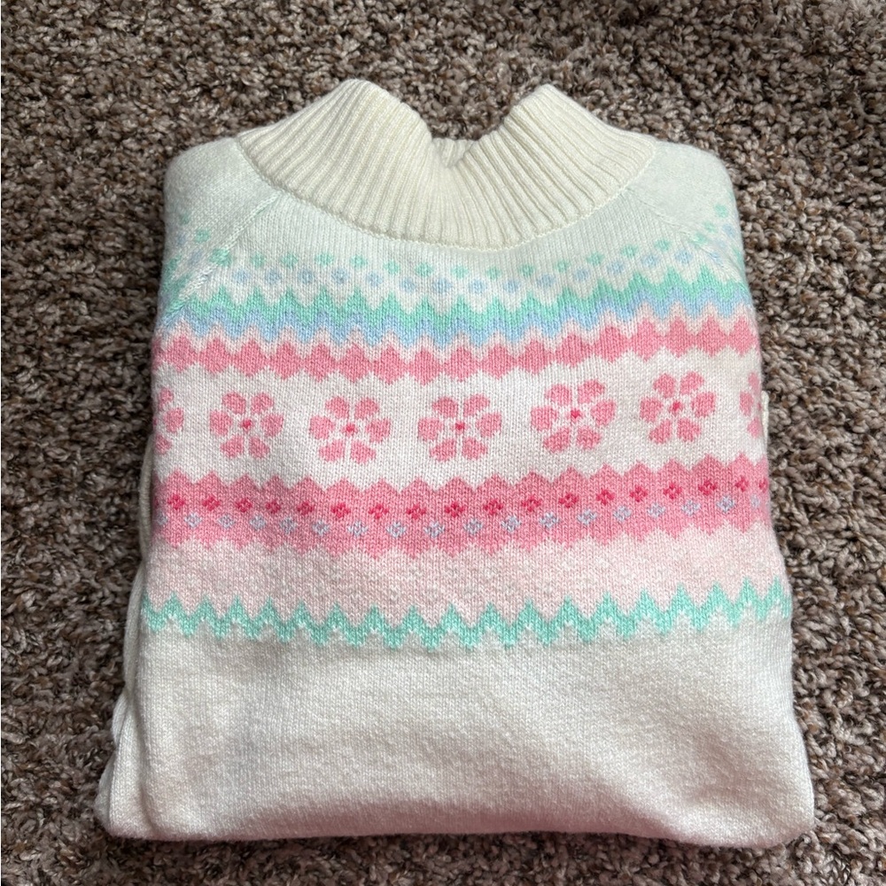 Janie and Jack Cream Sweater with Pink and Green Patterns